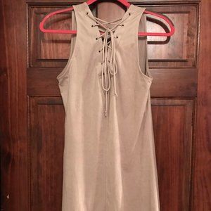 Camel colored Want and Need microsuede shift dress with lace-up back, size M
